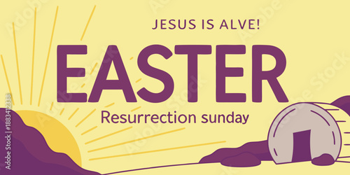 Easter Sunday Resurrection Banner with Empty Tomb and Rising Sun