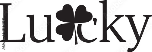 The word lucky with a four leaf clover in place of the letter u