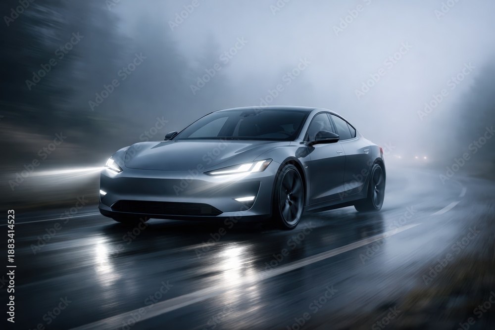 Fototapeta premium Electric Car Driving on Foggy Road at Night