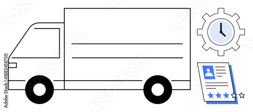 Delivery truck beside clock gear symbolizing time management and employee profile with ratings ensuring service quality. Ideal for logistics, efficiency, workforce, evaluation, customer satisfaction