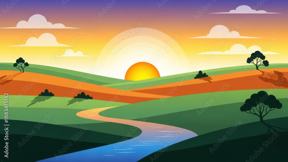 Fototapeta premium Sunset Over a Winding River Path in a Green Valley