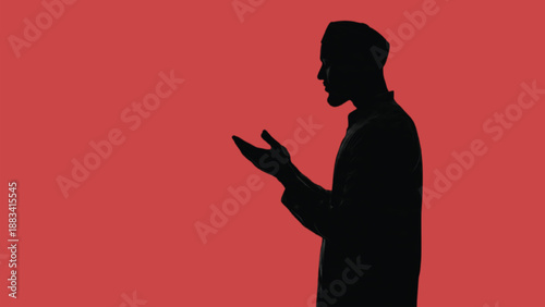 Man standing and making dua silhouette during Ramadan prayer, Islamic worship vector illustration
