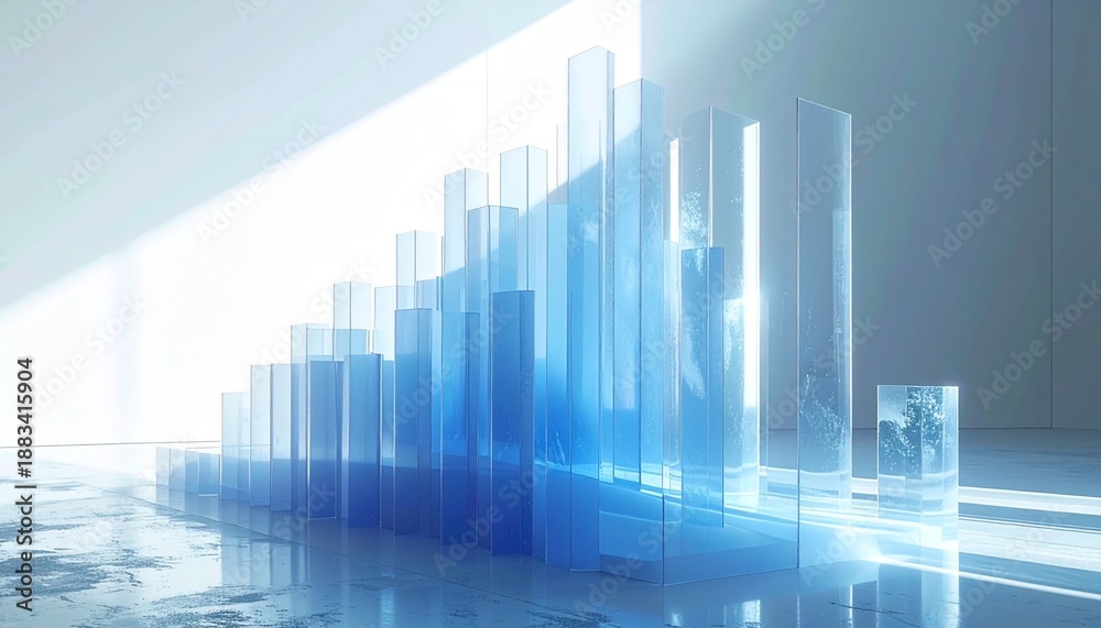 Fototapeta premium Abstract blue translucent bar graph structure illuminated by bright light, symbolizing growth and data visualization in a modern setting.
