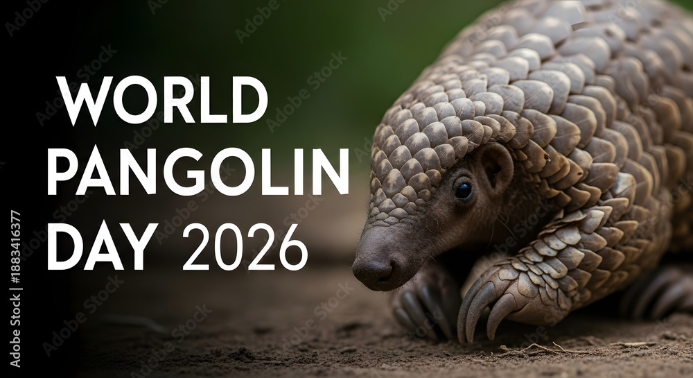 Obraz premium World pangolin day 2026 awareness banner with cute scaly mammal close