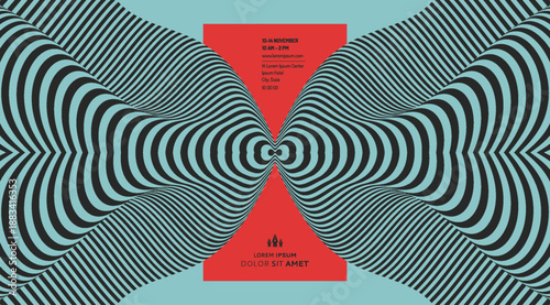 Optical illusion pattern. Abstract geometric background creates a sense of movement. Striped wavy structure reflected horizontally. Copy space. Vector for brochure, poster, cover, card, flyer, banner.