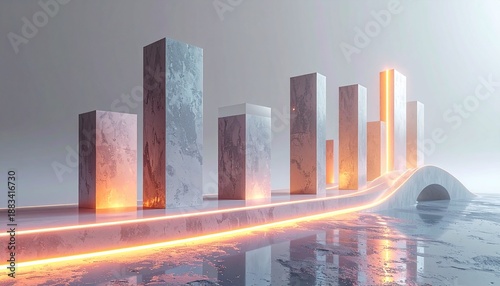 Abstract 3D rendering of glowing bar graph structures on a reflective surface with an illuminated path and arch bridge, symbolizing growth and connection.