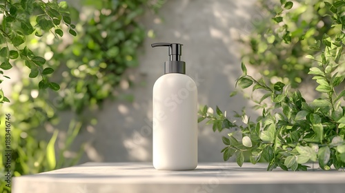 White shampoo pump bottle with black dispenser surrounded by green leaves