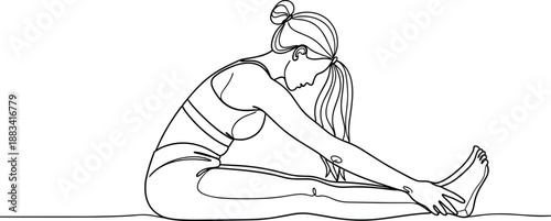 Yoga woman continuous line art drawing performing seated forward fold stretch for health wellness fitness and mindfulness meditation concepts