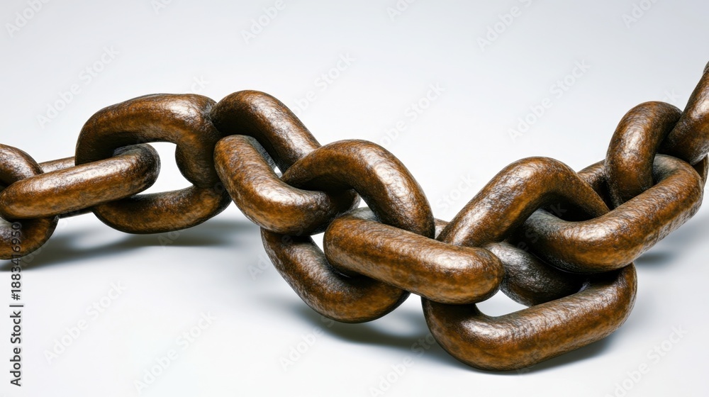 Obraz premium A heavy metal chain with weathered links connected together on a white background