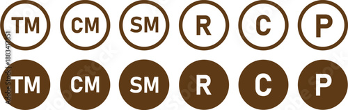 Set of registered trademark and copyright symbols in black color. Black circle vector tm, c, and r sign symbols on transparent background