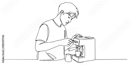 Continuous one line of a person preparing coffee with an espresso machine, symbolizing ritual, aroma, and lifestyle, drawn vector illustration.