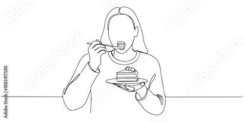 Continuous one line of a person eating cake with a fork, representing indulgence, sweetness, and joy, drawn vector illustration.