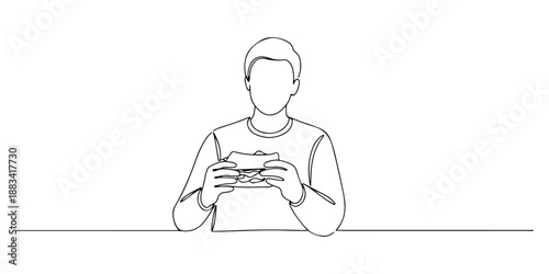 Continuous one line of a person holding a sandwich, symbolizing everyday food, lifestyle, and comfort, drawn vector illustration.
