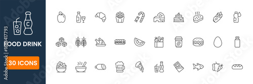 Food drink icons pack including meals beverages snacks vector flat symbols for cafe restaurant menu app design