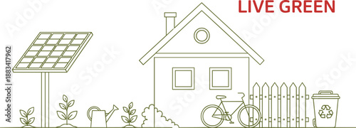 Eco friendly sustainable living concept with solar panel house bicycle recycling bin and garden in minimalist line art style.