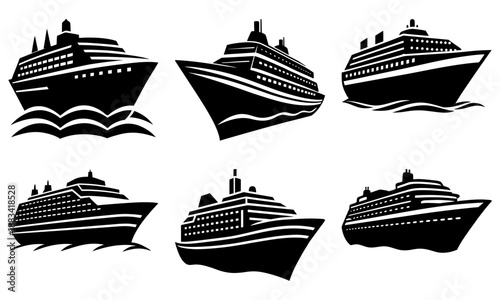 Six Black and White Cruise Ship Silhouettes on Transparent Background ocean liner