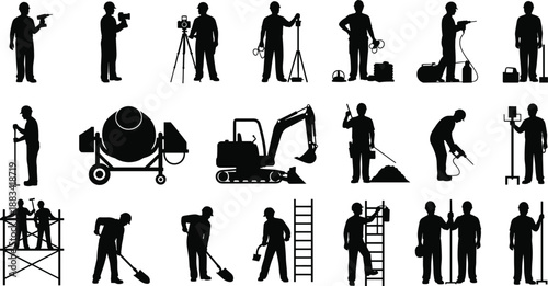 Construction workers and professional technician silhouettes set showing various industrial jobs activities isolated on white background vector illustration