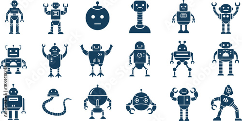 Cute robot characters icon set featuring futuristic mechanical android designs isolated on white background vector illustration collection