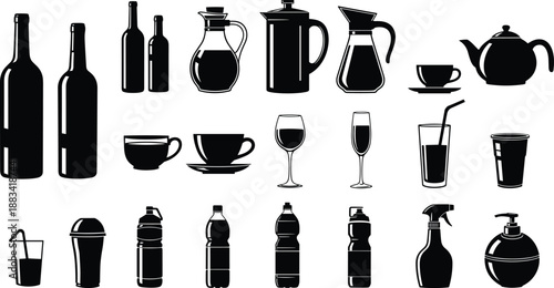Drinkware and beverage container silhouettes set featuring bottles cups glasses teapots and water containers isolated on white background vector illustration