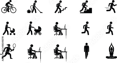 Daily activity and lifestyle pictogram icon set showing work exercise parenting movement and wellness actions isolated on white background vector illustration