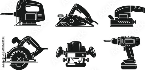 Power tools silhouette icon set featuring jigsaw planer sander circular saw router and drill isolated on white background vector illustration