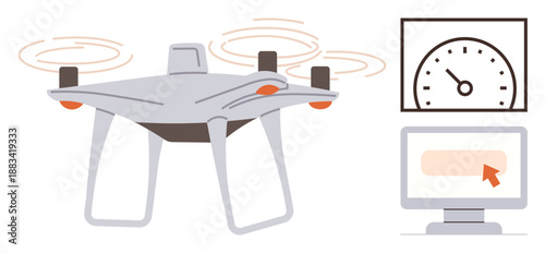 quadcopter technology, performance analysis, navigation tracking, remote operation, UAV monitoring, delivery services. A quadcopter with spinning propellers, a speedometer, and a computer screen