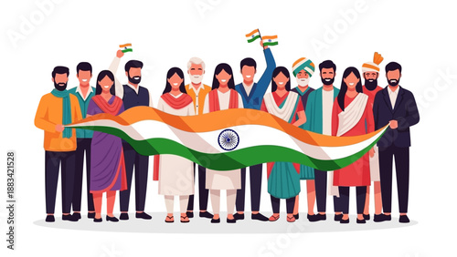Illustration of diverse people holding Indian flags on Republic Day with a vibrant and celebratory mood against a clean white background.