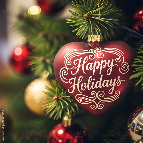 A close up of christmas decorations with a heart ornament and festive foliage