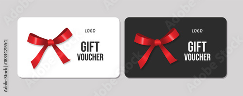 3d realistic gift cards with a ribbon bow. Gift Certificate Template, Sale Card, Birthday, Christmas