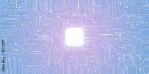 Futuristic blue AI circuit board with glowing data lines and a central microchip hub. This abstract digital pattern represents smart cpu systems, cloud networks, and artificial intelligence.