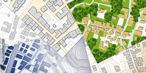 Cuadro en lienzo Imaginary cadastral map of territory with buildings, roads and land parcel - lan