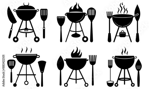 Six black barbecue grills with cooking utensils on white background spatula tongs