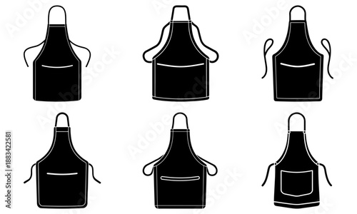 Six Black Aprons with Different Neck and Waist Styles on White Background kitchen cooking