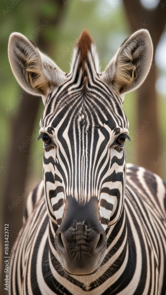 Fototapeta premium Close-up of a zebra's face in natural habitat