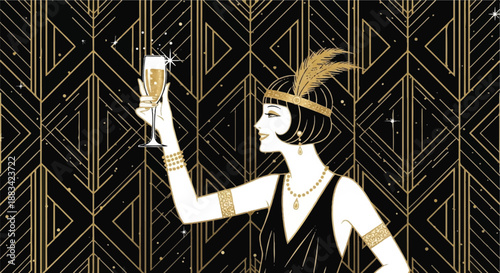 Close Up Portrait of an Elegant Art Deco Woman with Champagne Flute and Feather Headband