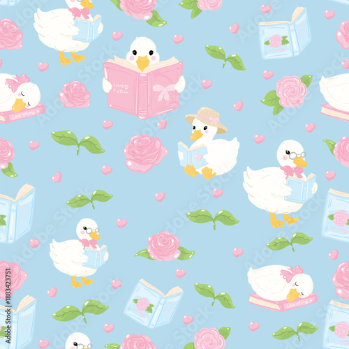 Cute Duck seamless pattern bookish bookworm booklover, whimsical pattern featuring charming ducklings, books, and roses in a soft, dreamy design, call duck pattern