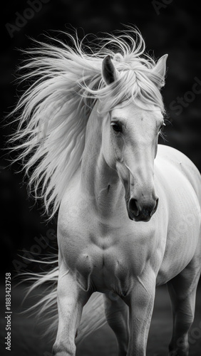White horse running with flowing mane