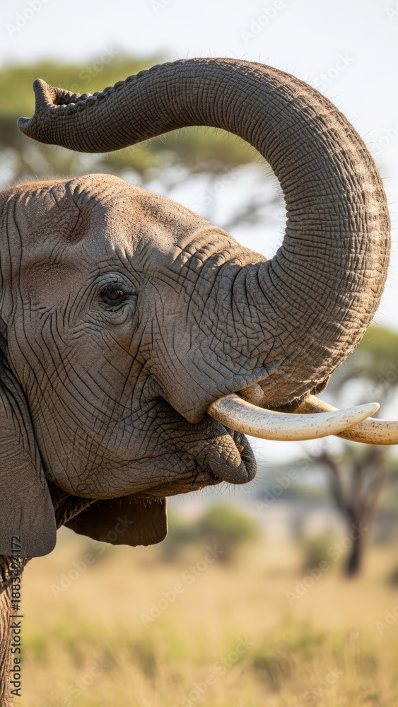 Fototapeta premium Close-up of Elephant with Curled Tusk in Savanna
