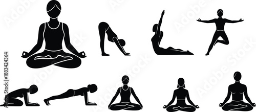 A collection of black silhouettes demonstrating various yoga poses for fitness and relaxation
