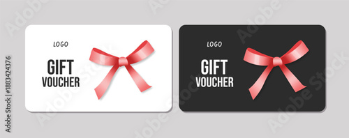 3d realistic gift cards with a ribbon bow. Gift Certificate Template, Sale Card, Birthday, Christmas