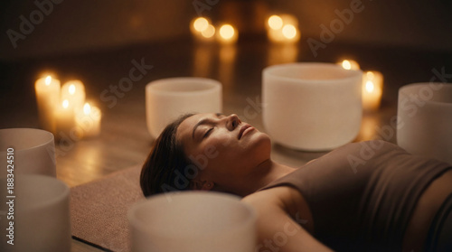 Young woman lying on yoga mat during sound healing session with crystal singing bowls and candles, mindfulness and relaxation for spiritual wellness and mental health