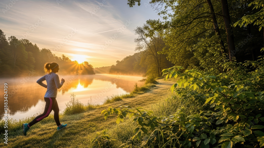 Fototapeta premium Woman jogging along a scenic riverbank at sunrise