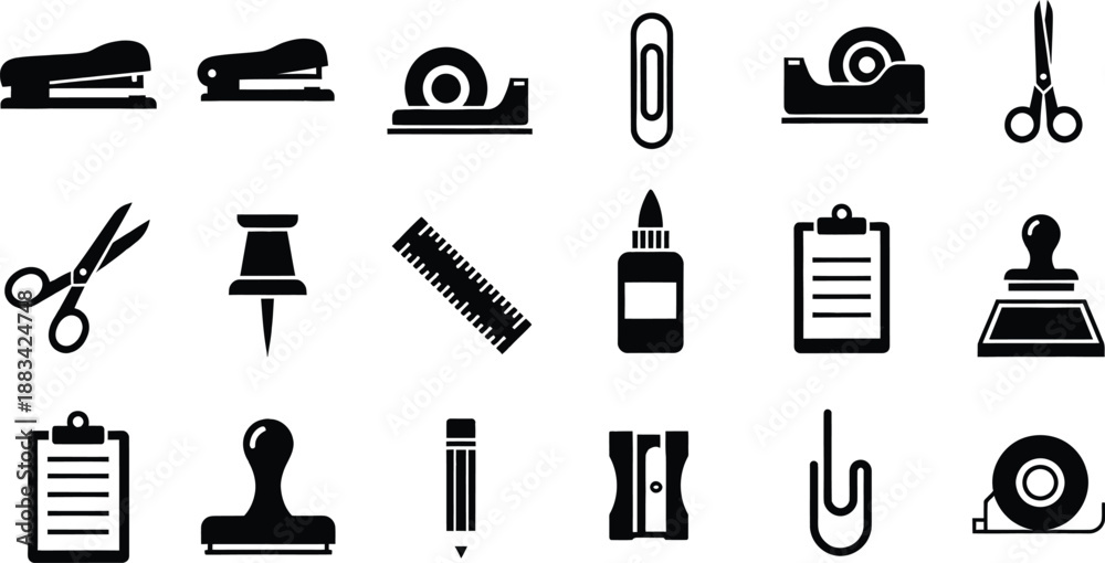 Fototapeta premium A comprehensive collection of various office stationery icons and tools in black silhouette form