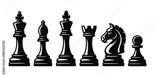 A clean and minimalist vector illustration set featuring all six black chess pieces, meticulously designed for strategic game concepts and elegant graphic projects