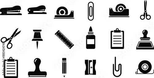 A comprehensive collection of various office stationery icons and tools in black silhouette form