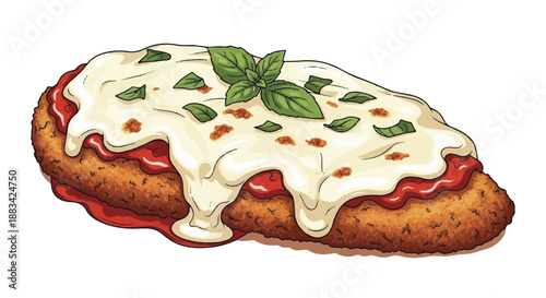 Italian Chicken Parmigiana with Melted Mozzarella Cheese, Tomato Sauce and Basil Garnish