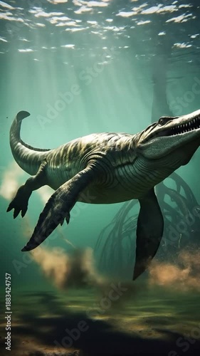Realistic Aquatic Predator Illustration of a Marine Creature from Prehistoric Times Swimming in an Underwater Environment