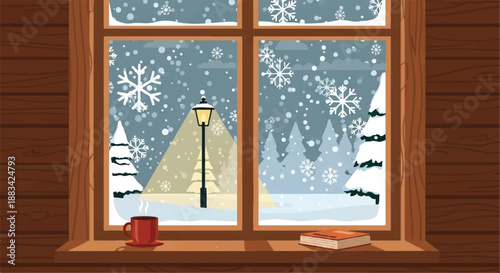 Cozy Indoor View from a Window Overlooking a Snowy Park with Glowing Streetlamp