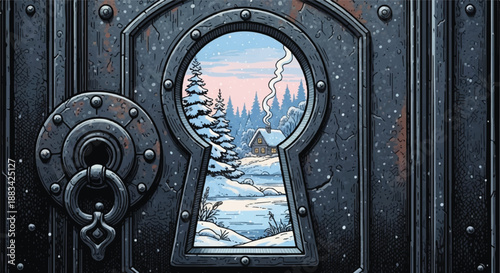 Looking Through a Rustic Metal Keyhole at a Scenic Snowy Winter Cabin in the Woods