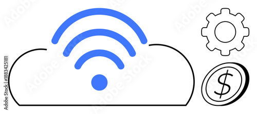 Cloud computing, digital finance, wireless technology, data services, software tools, online connectivity. Cloud with wireless signal, settings gear and dollar coin icon. Cloud computing and digital